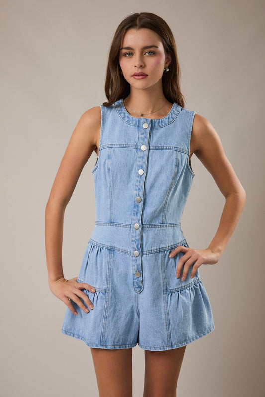Sleeveless Shirred Denim Romper