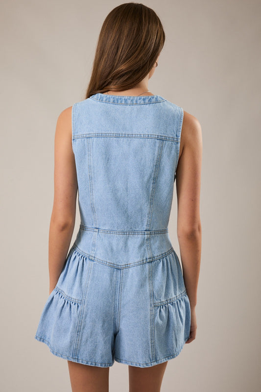 Sleeveless Shirred Denim Romper
