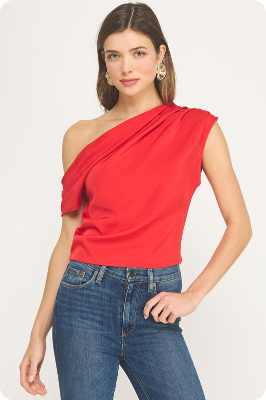 One Shoulder Draped Satin Top
