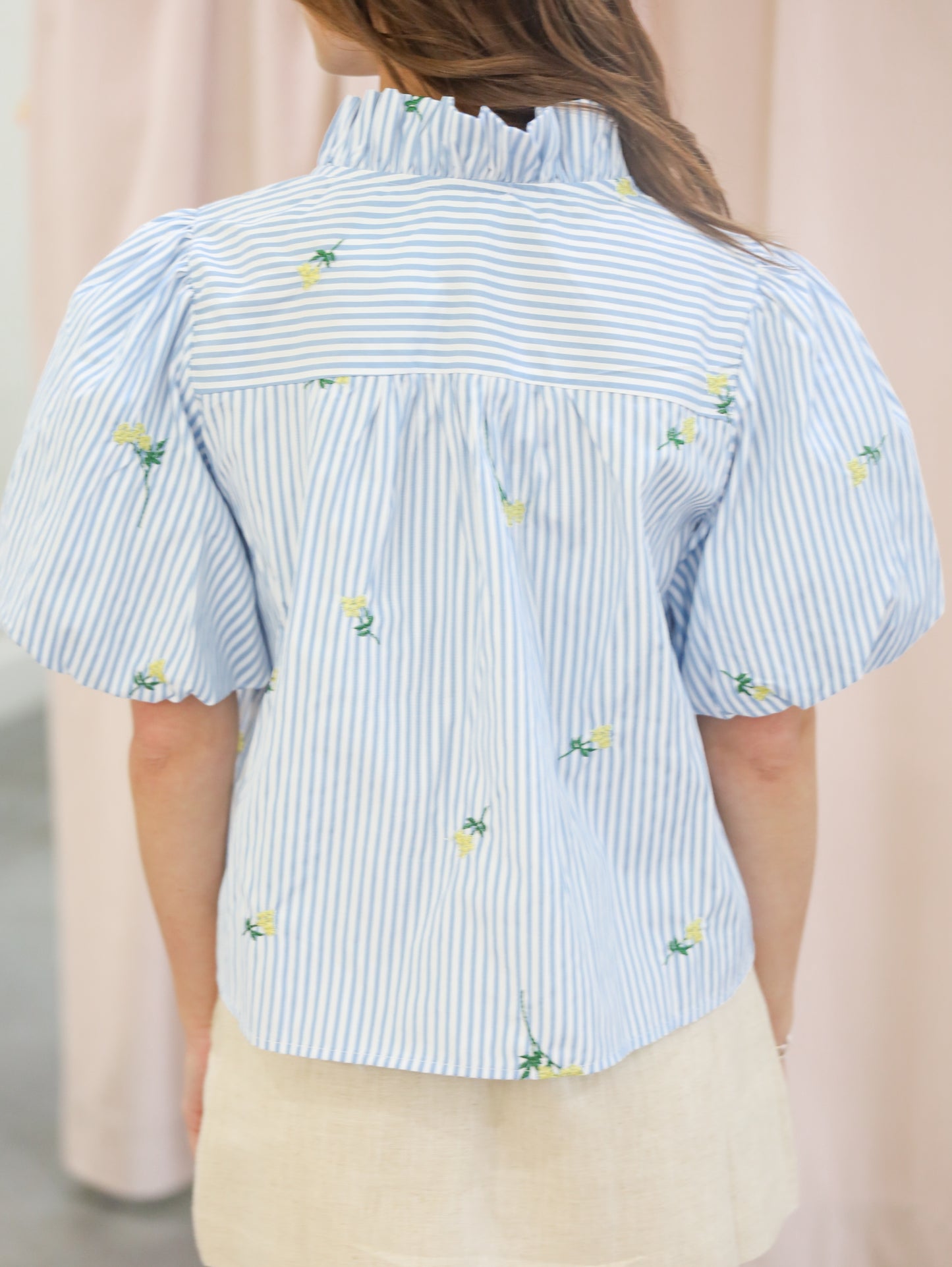 Alora Floral Embroidered Striped Ruffle Detail Top