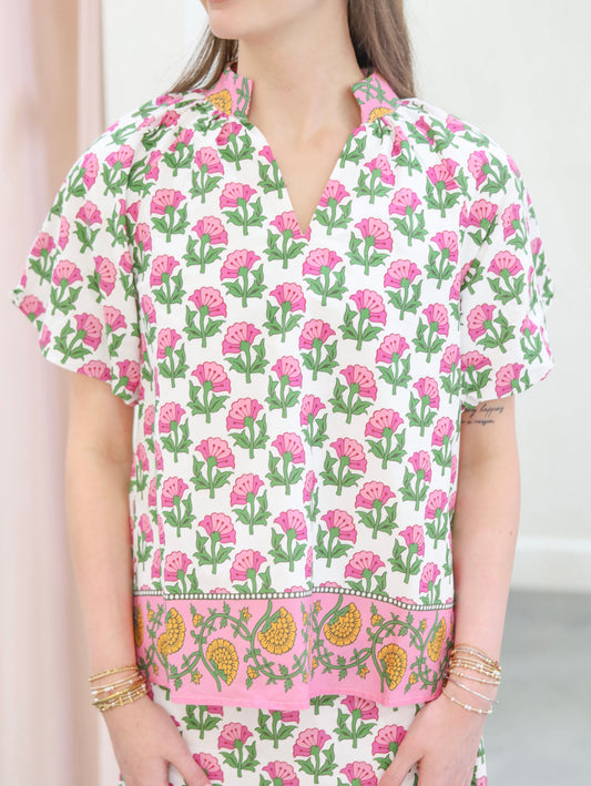 Floral V-Neck Contrast Hem Top
