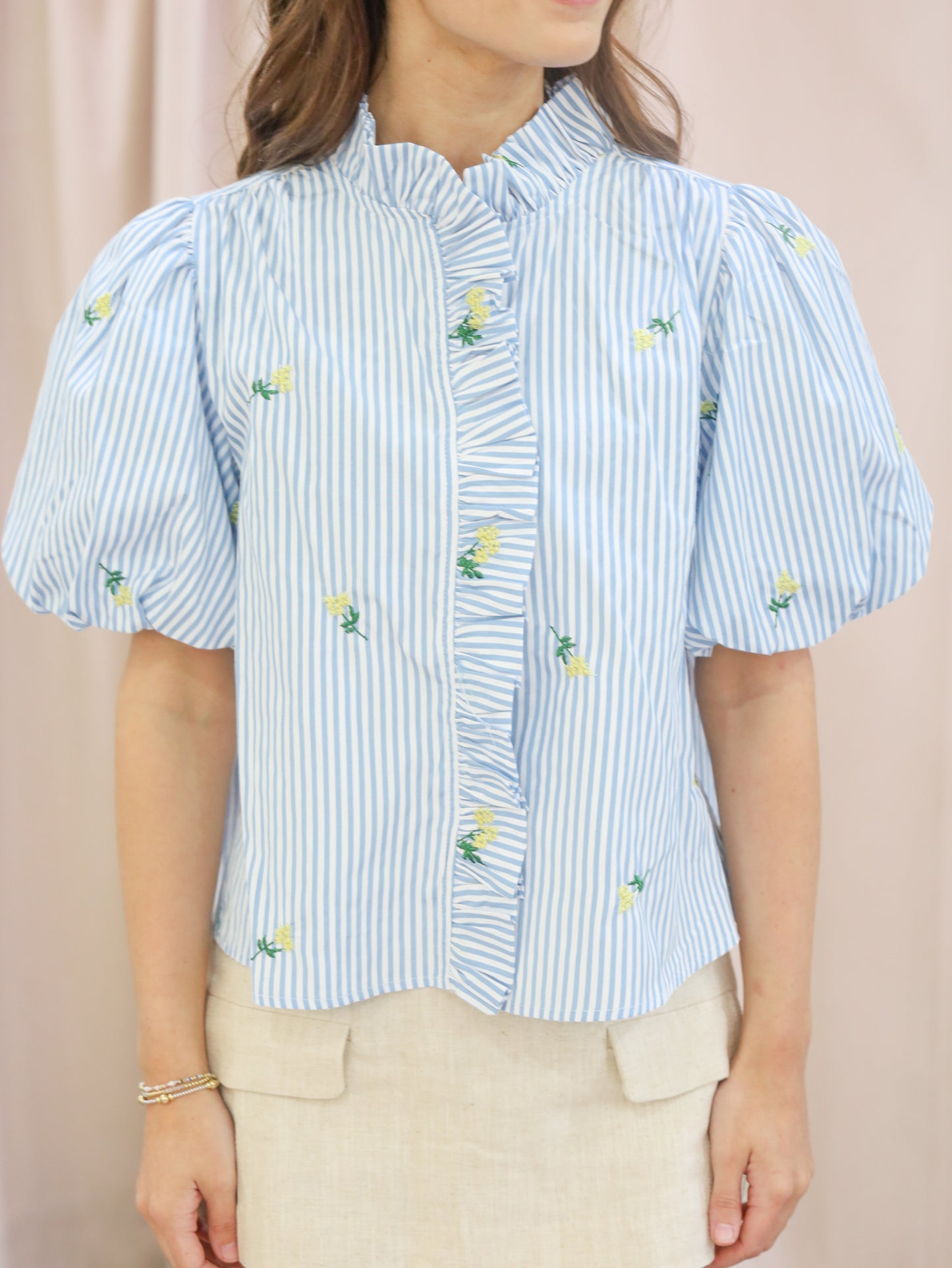 Alora Floral Embroidered Striped Ruffle Detail Top