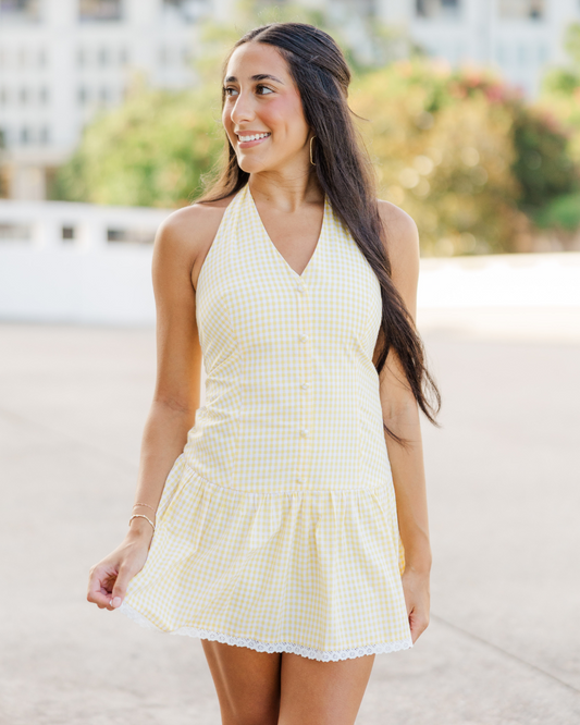 Checker Print Halter Tie Mini Dress