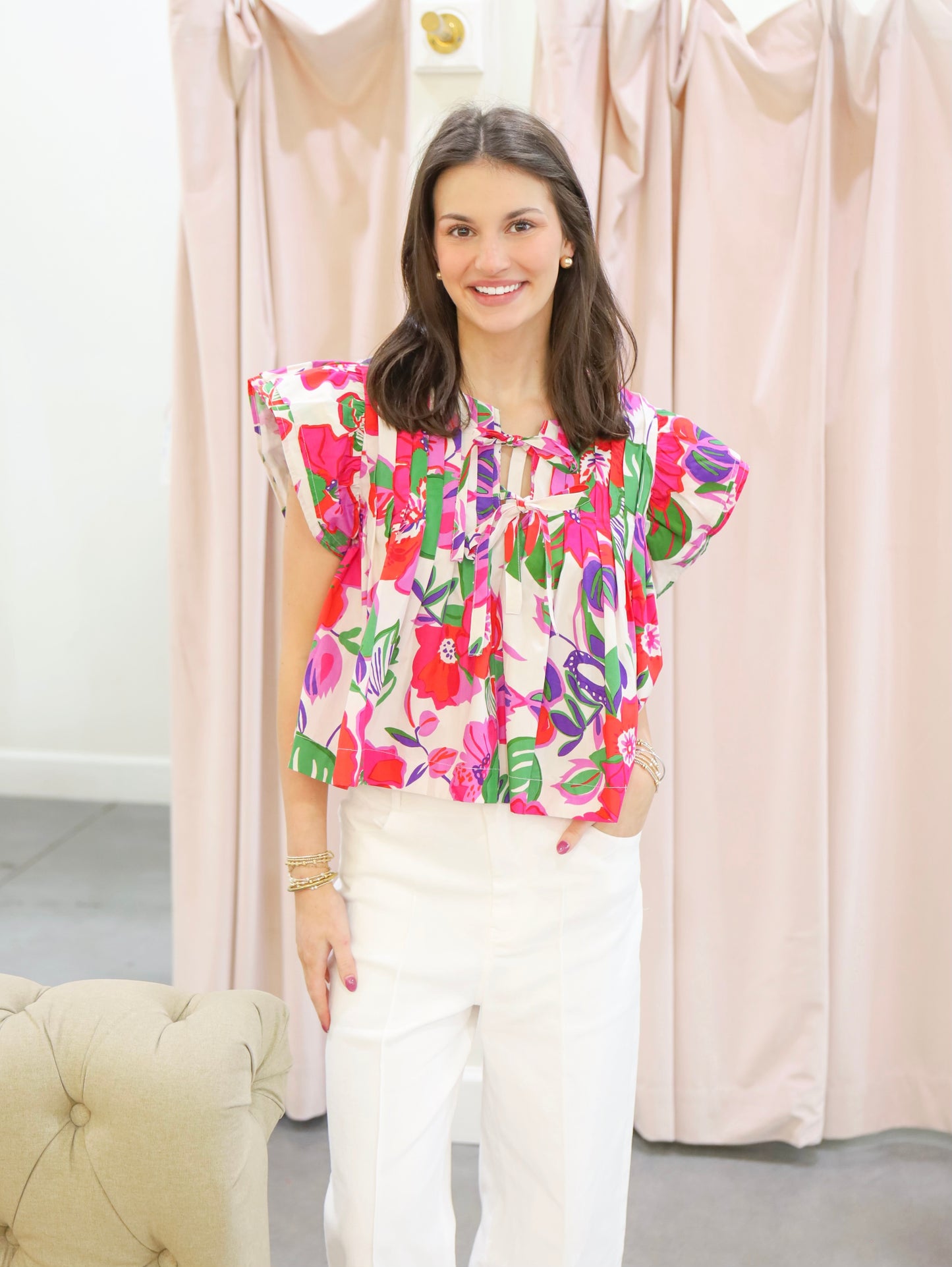 Miranda Floral Pintuck Front Tie Blouse