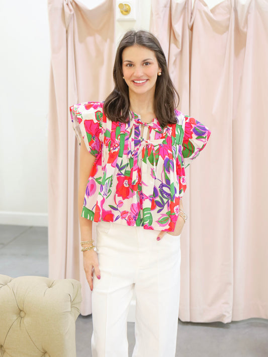 Miranda Floral Pintuck Front Tie Blouse