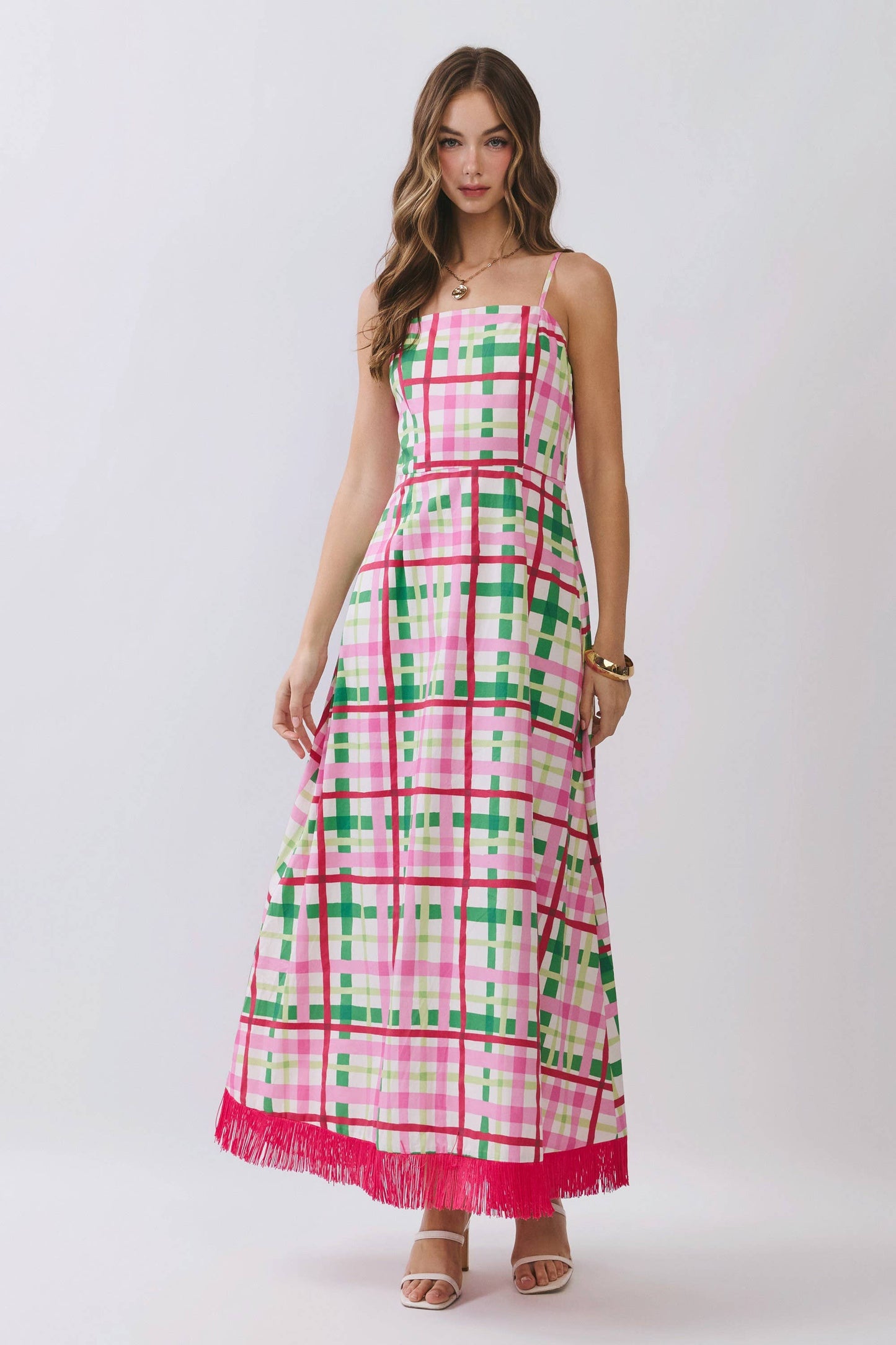 Plaid Fringe Hem Maxi Dress