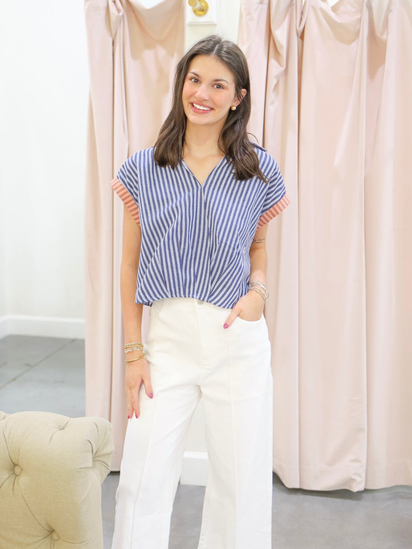 Tessa Short Sleeve Striped V-Neck Top