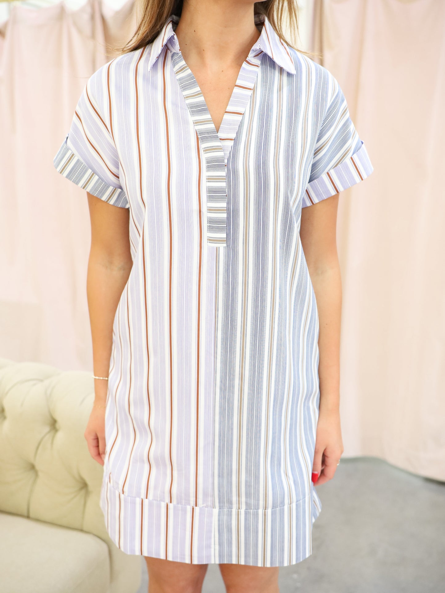 Collared Striped V-Neck Dress
