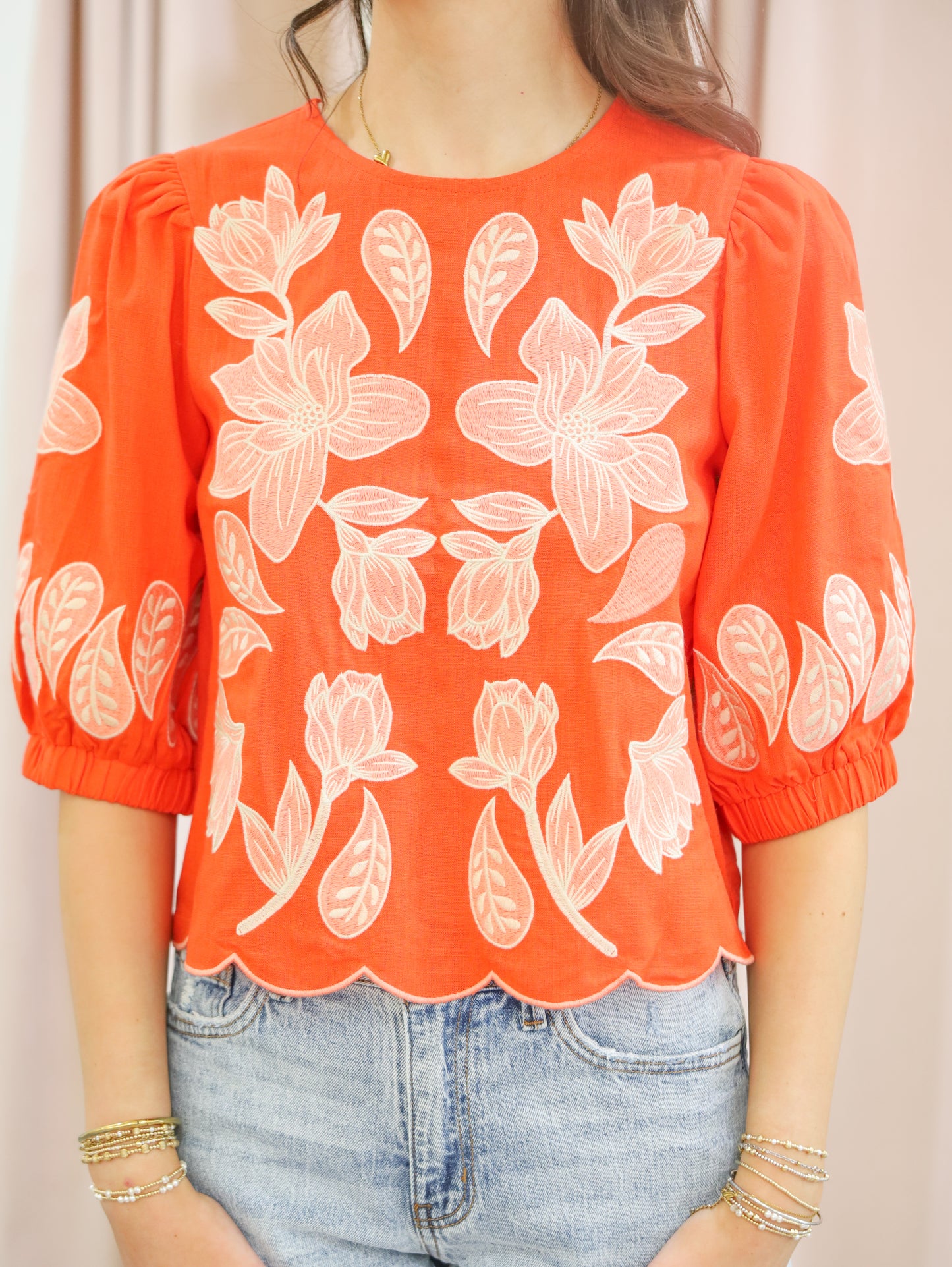 Juliana Embroidered Scallop Hem Top