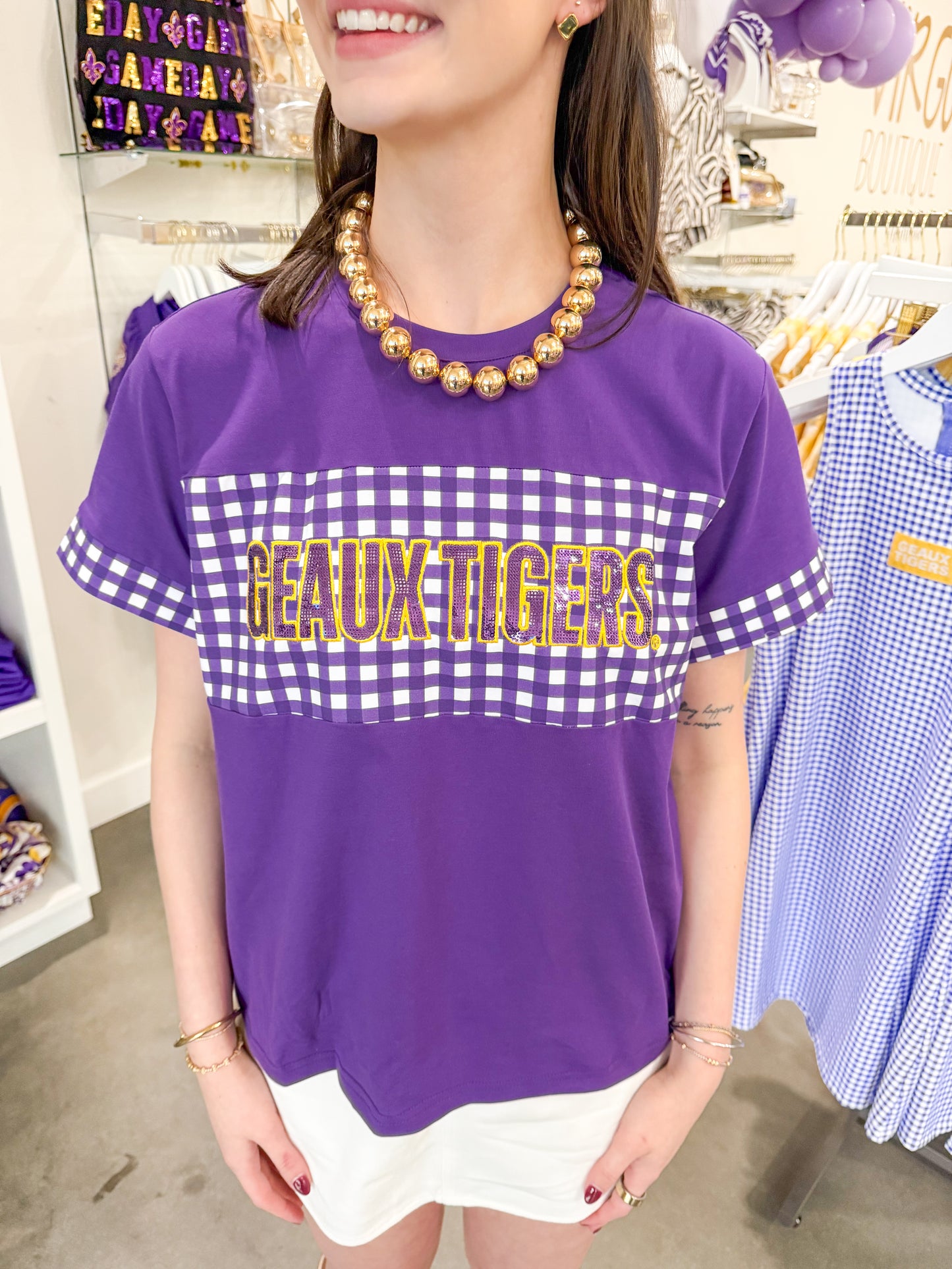 LSU Gingham Color Block Tee