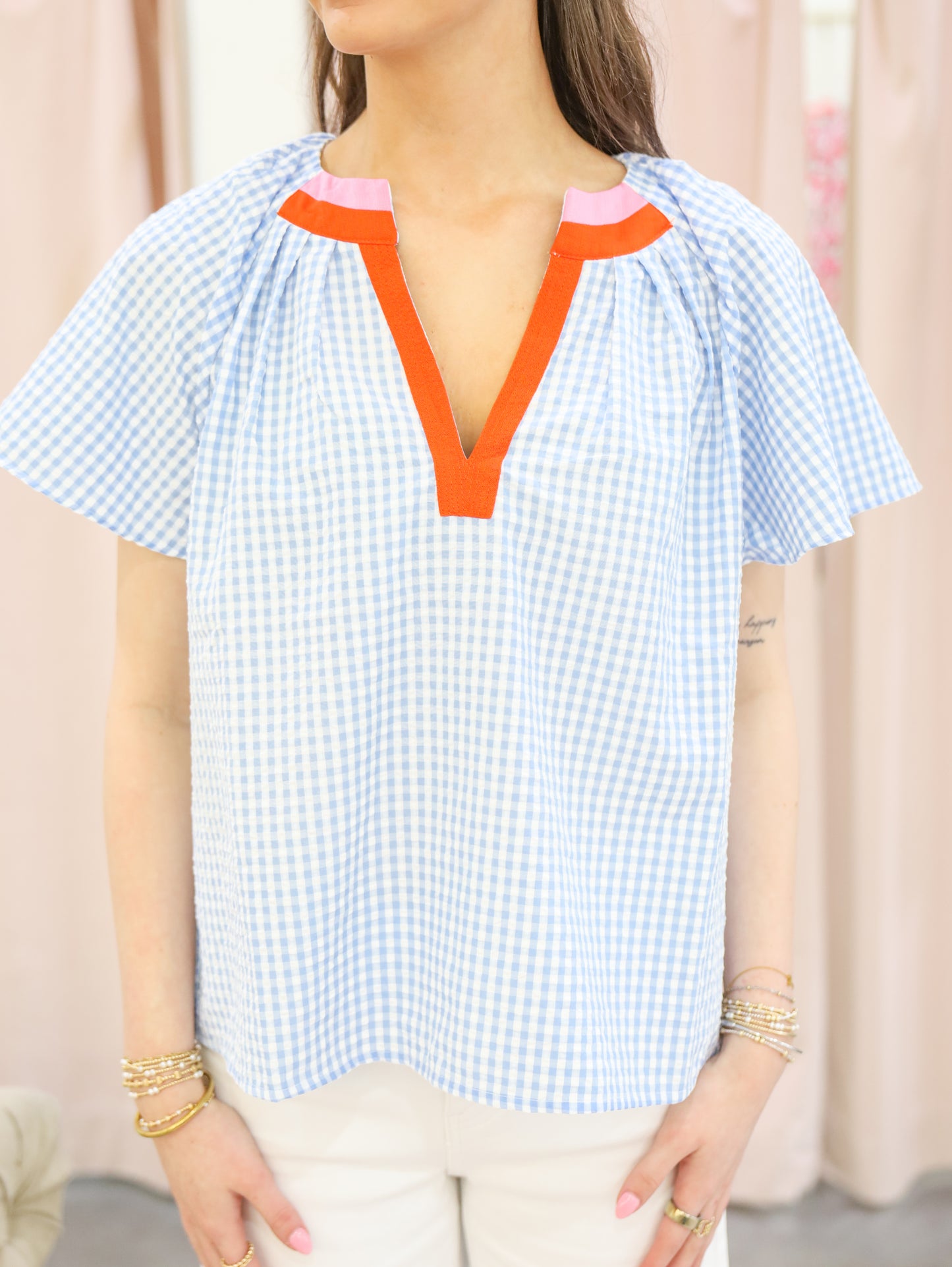 Gingham Contrast Collar Top