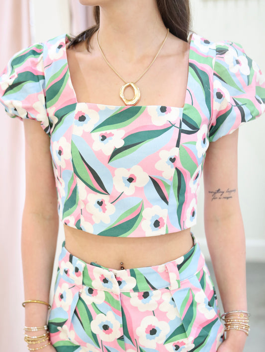 Jessica Floral Cropped Puff Sleeve Top