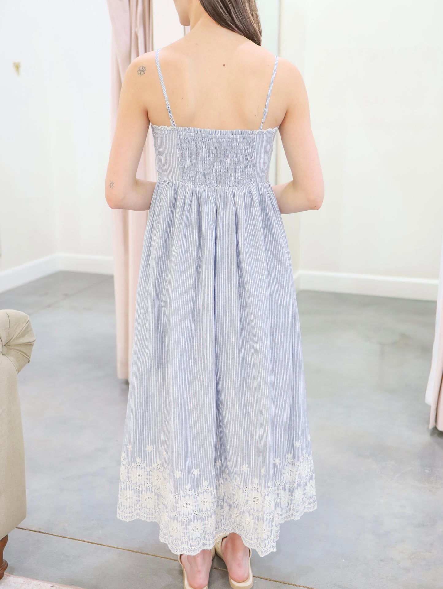 Jenny Embroidered Pin Stripe Midi Dress