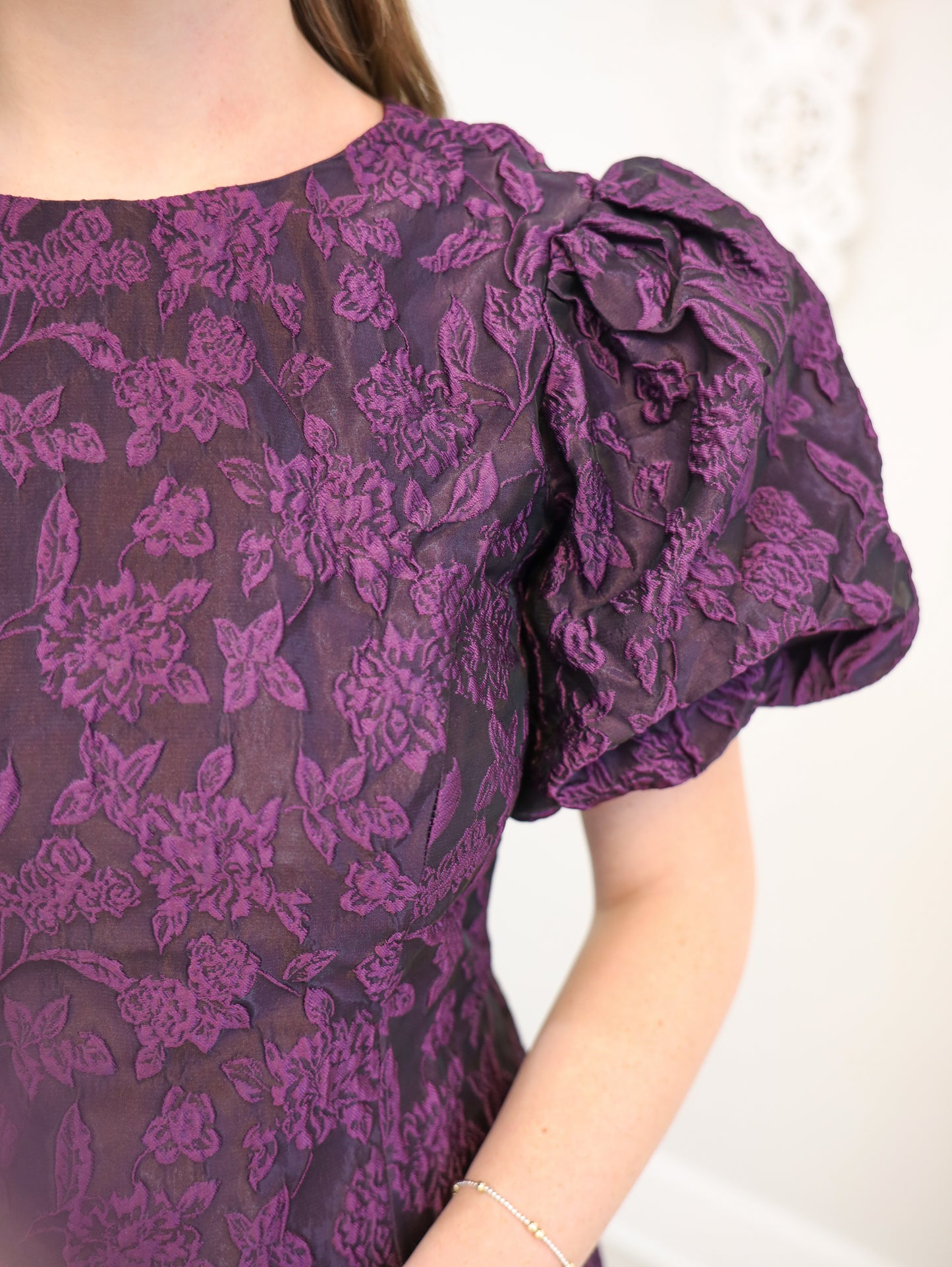 Jacquard Puff Sleeve Mini Dress