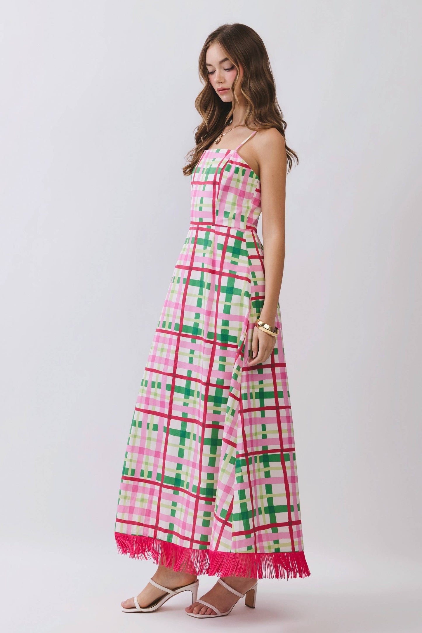 Plaid Fringe Hem Maxi Dress