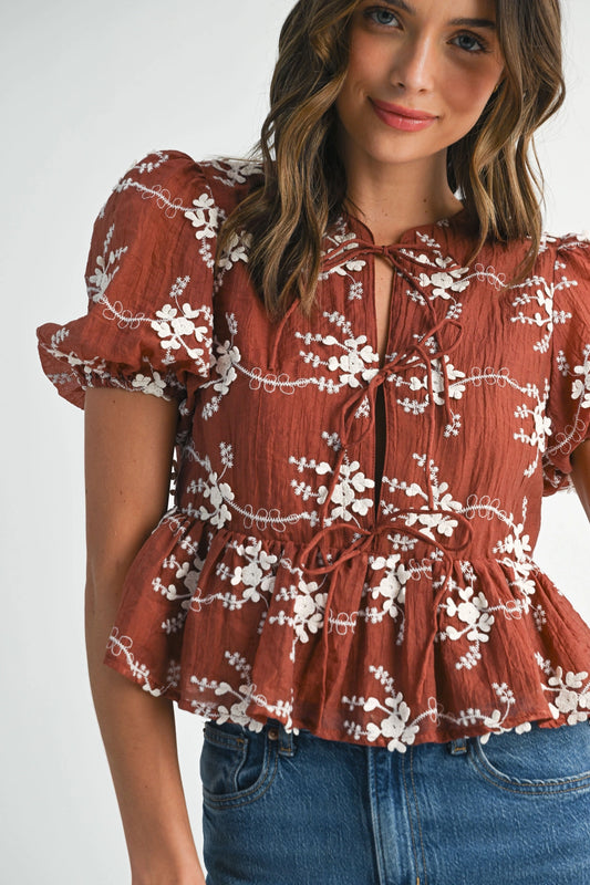 Embroidered Peplum Blouse with Puff Sleeves