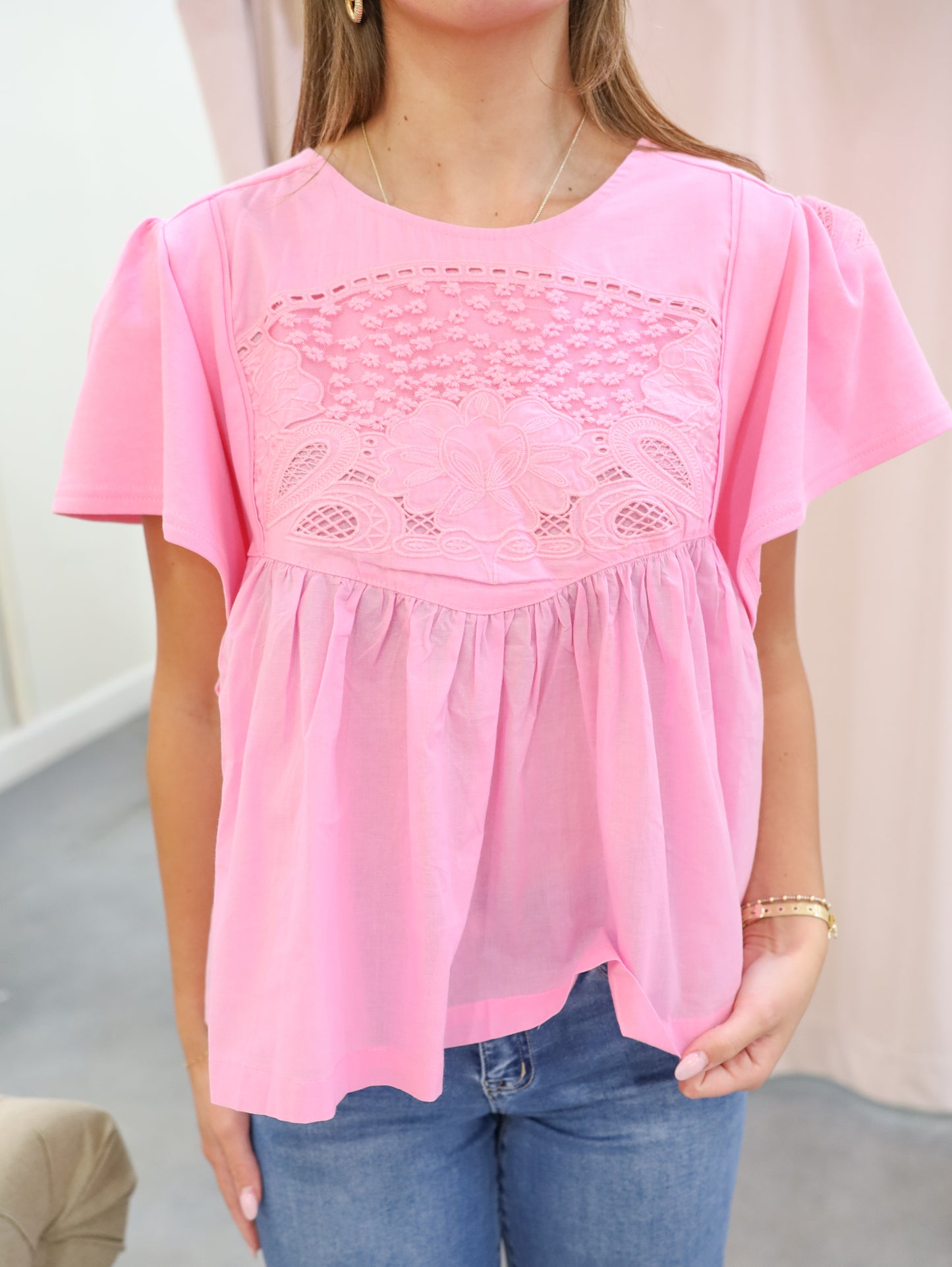 Brenna Lace Embroidered Baby Doll Top