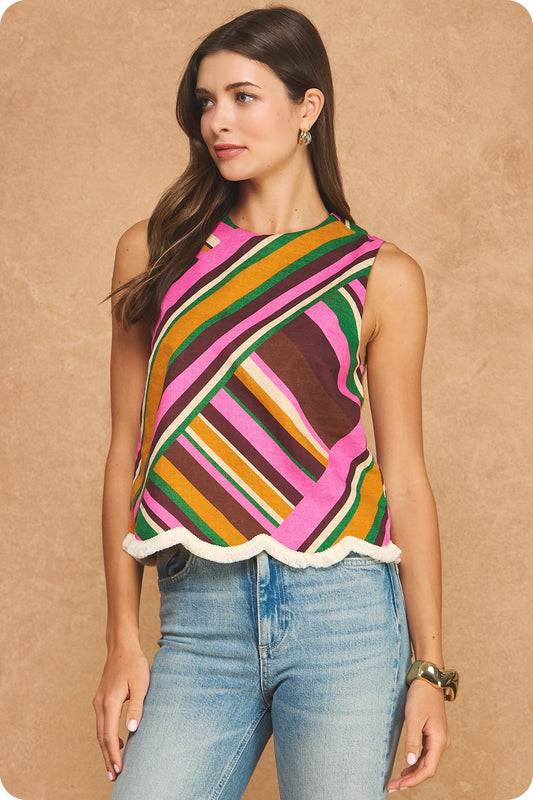Sable Striped Scalloped Fringe Top