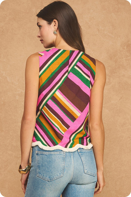 Sable Striped Scalloped Fringe Top