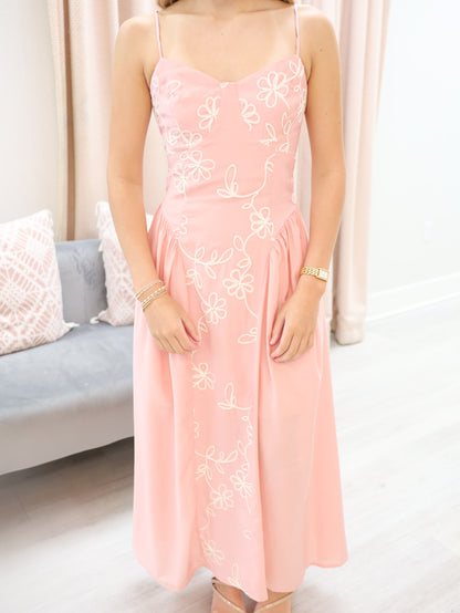 Embroidered Floral Strap Midi Dress