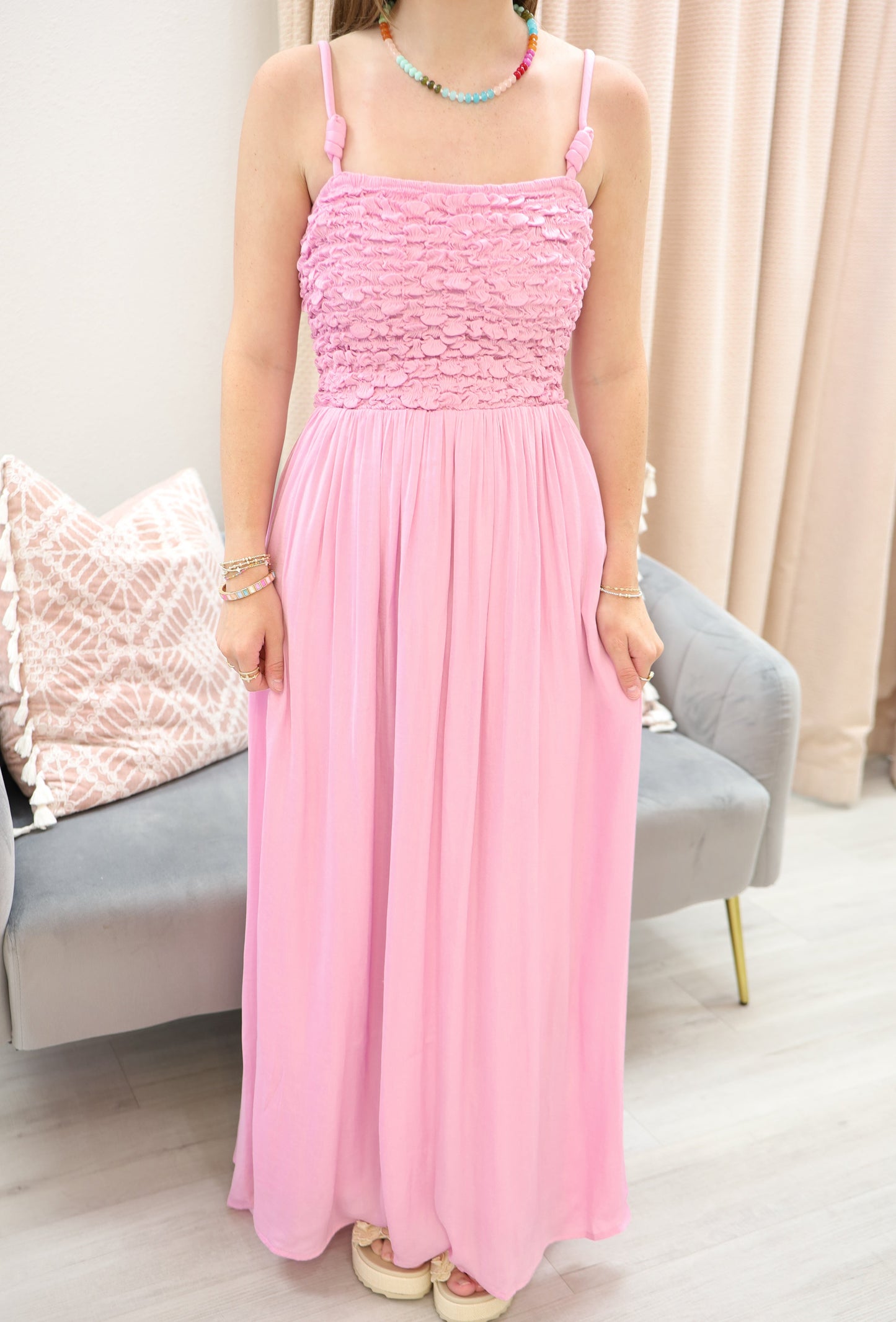 Smocked Maxi Dress With Cord Straps