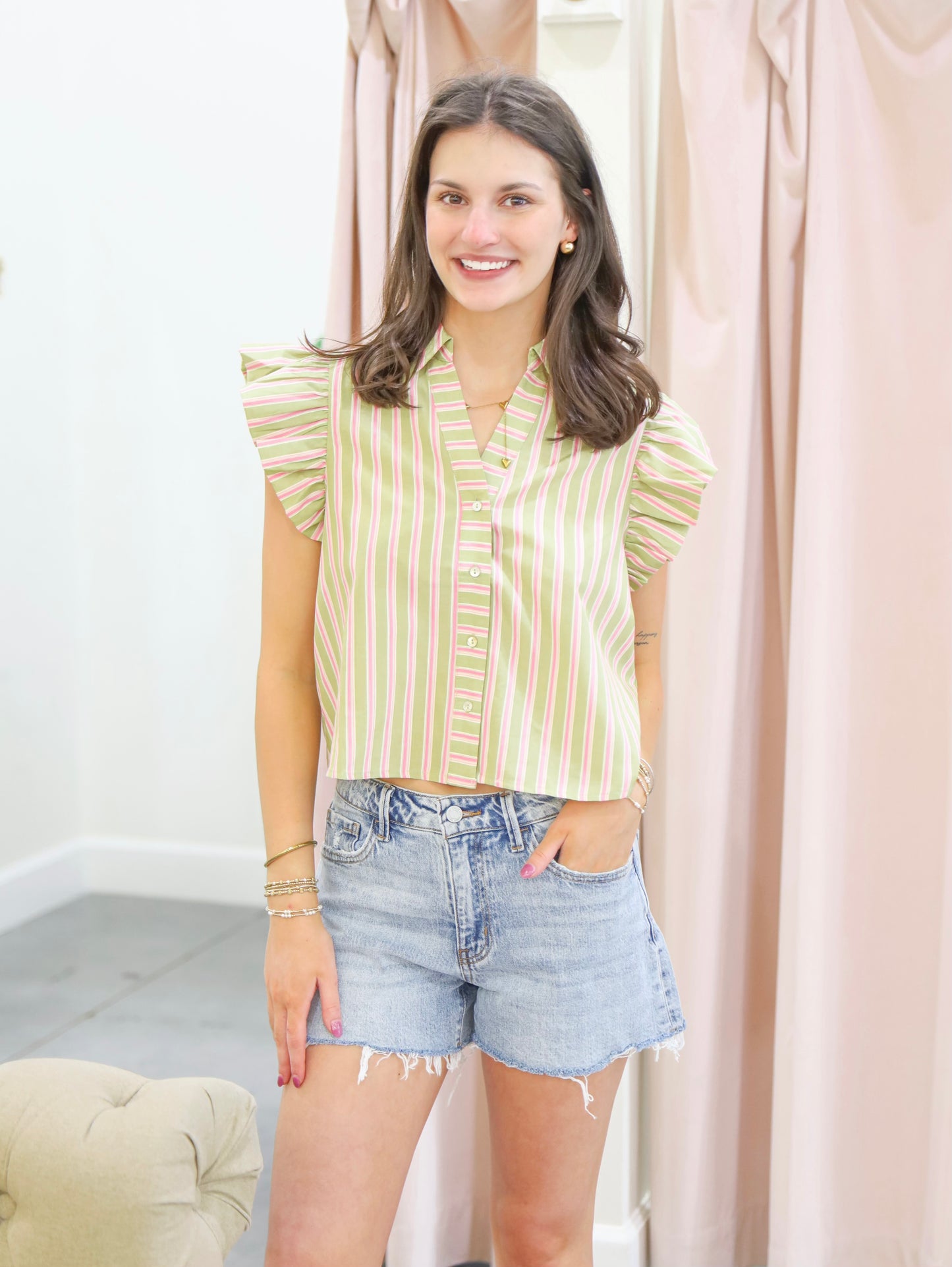 Giana Flutter Sleeve Striped Button Down Top
