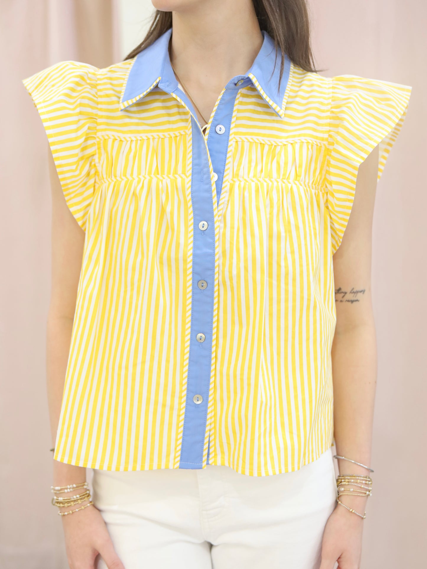 Maggie Striped Contrast Collar Ruffle Sleeve Top