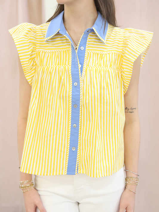 Maggie Striped Contrast Collar Ruffle Sleeve Top
