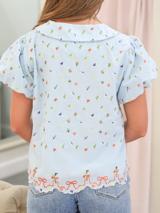 Hayden Embroidered Floral Bubble Sleeve Blouse