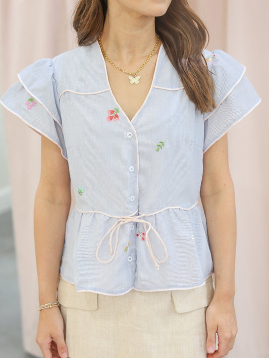 Bianca Embroidered Peplum Top With Contrast Piping