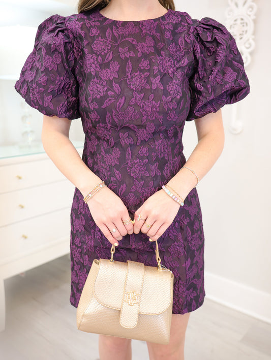 Jacquard Puff Sleeve Mini Dress