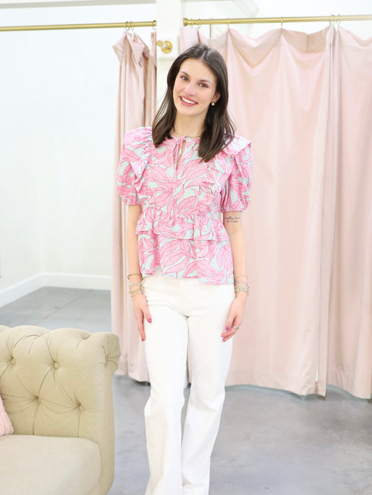 Lainey Tropical Print Ruffle Sleeve Top