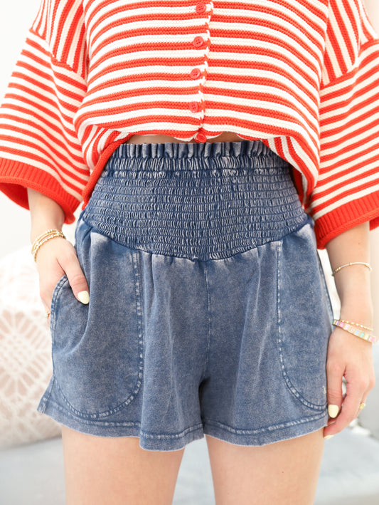 Smocked Waist Mineral Wash Shorts