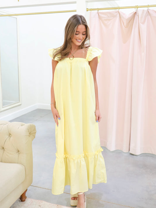 Ruffled Cap Sleeve Square Neck Midi Dress