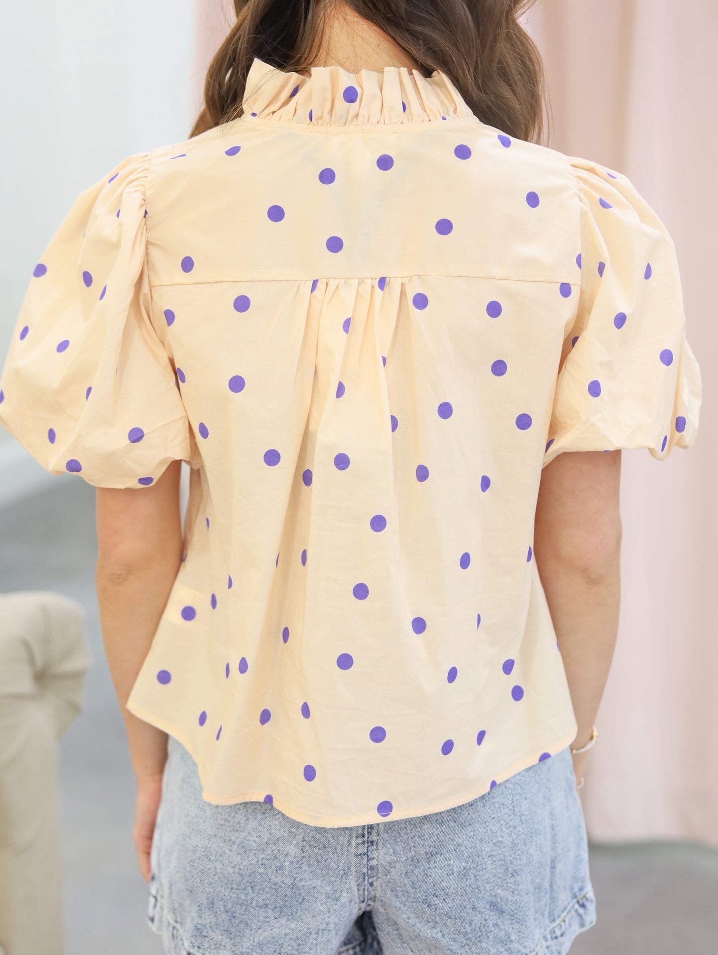 Carmen Polka Dot Ruffled Trim Top