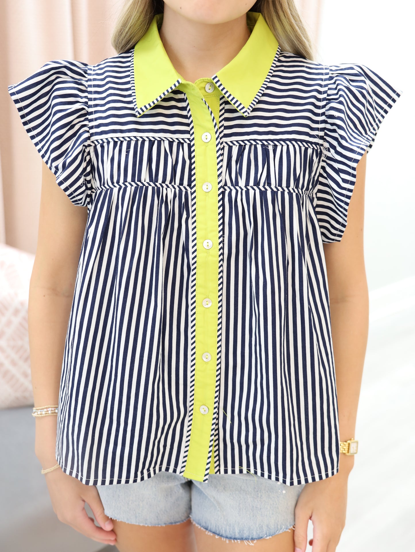 Maggie Striped Contrast Collar Ruffle Sleeve Top