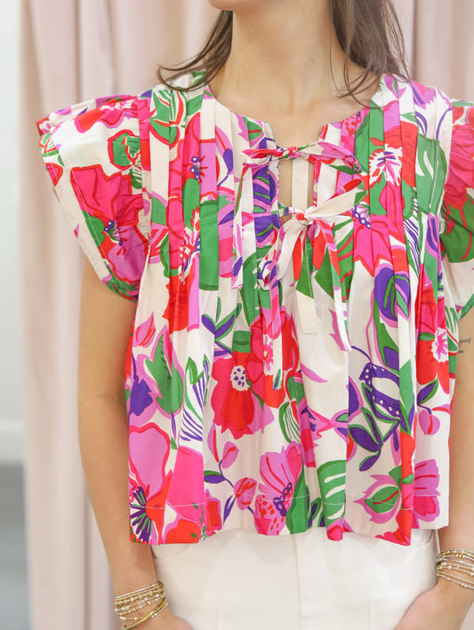 Miranda Floral Pintuck Front Tie Blouse