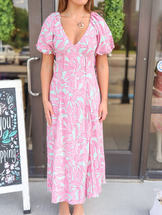 Lainey Tropical Print Puff Sleeve Midi Dress