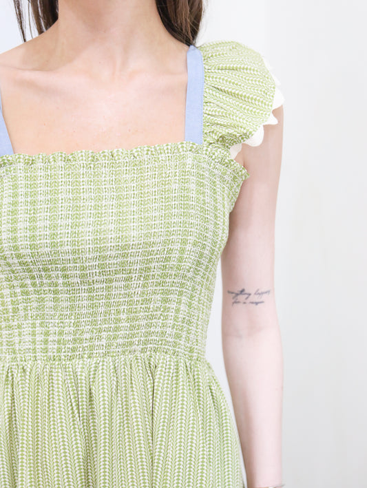 Smocked Tiered Striped Midi Dress