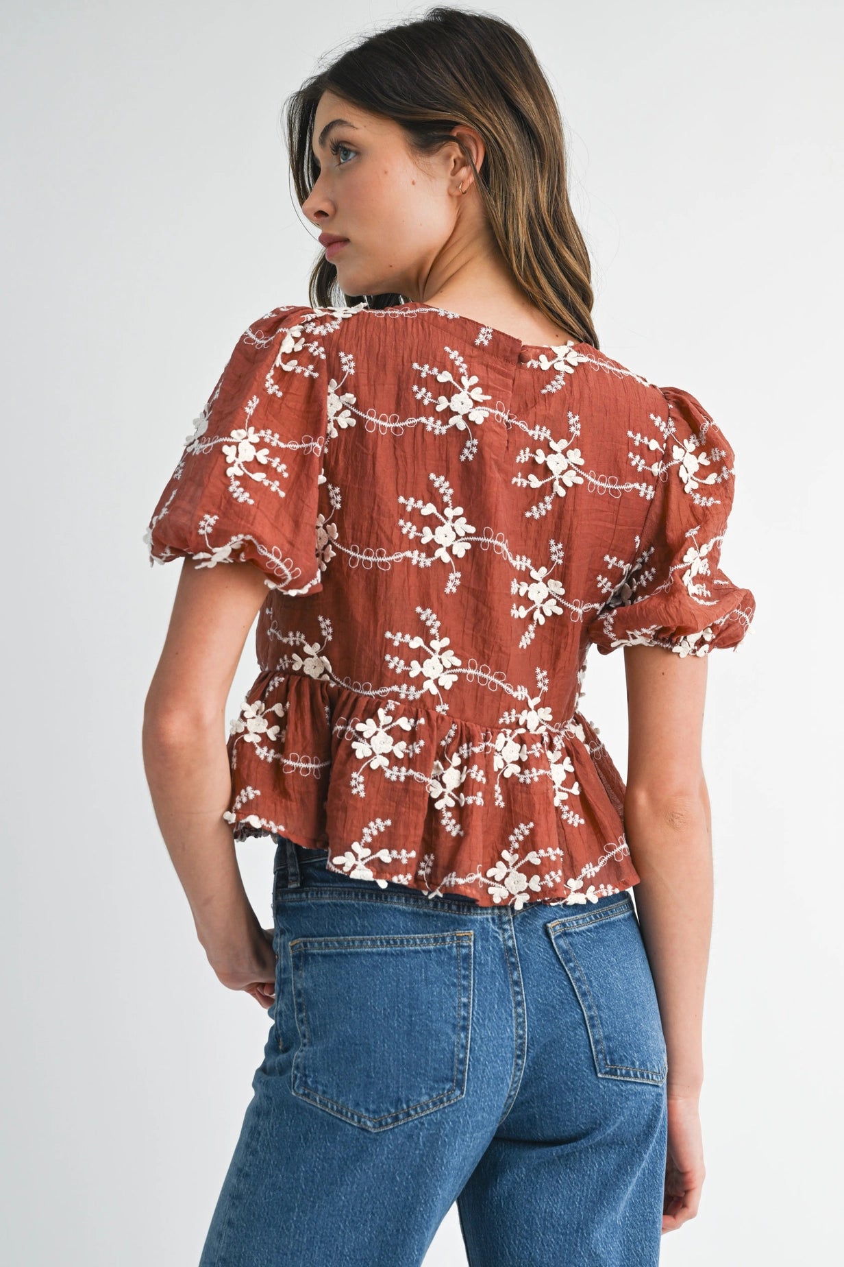 Embroidered Peplum Blouse with Puff Sleeves