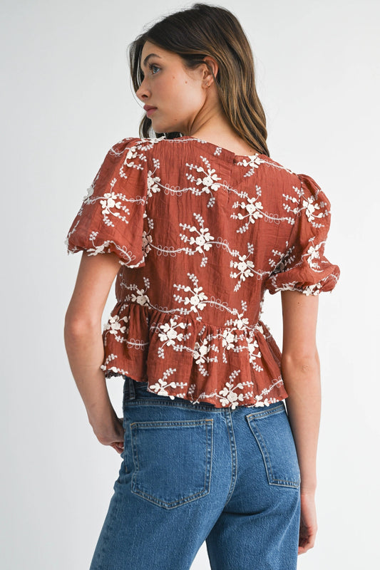 Embroidered Peplum Blouse with Puff Sleeves