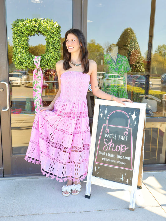 Eyelet Lace Strapless Midi Dress