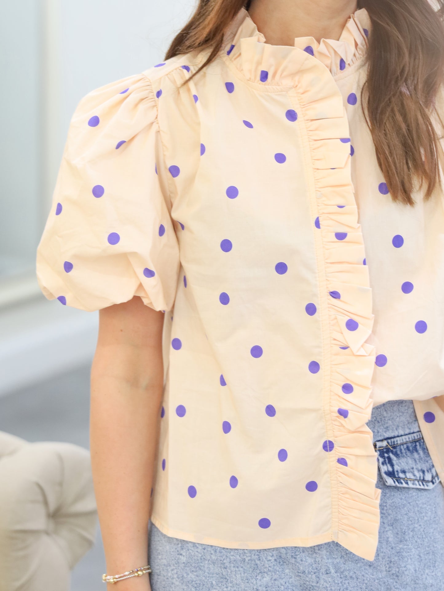 Carmen Polka Dot Ruffled Trim Top