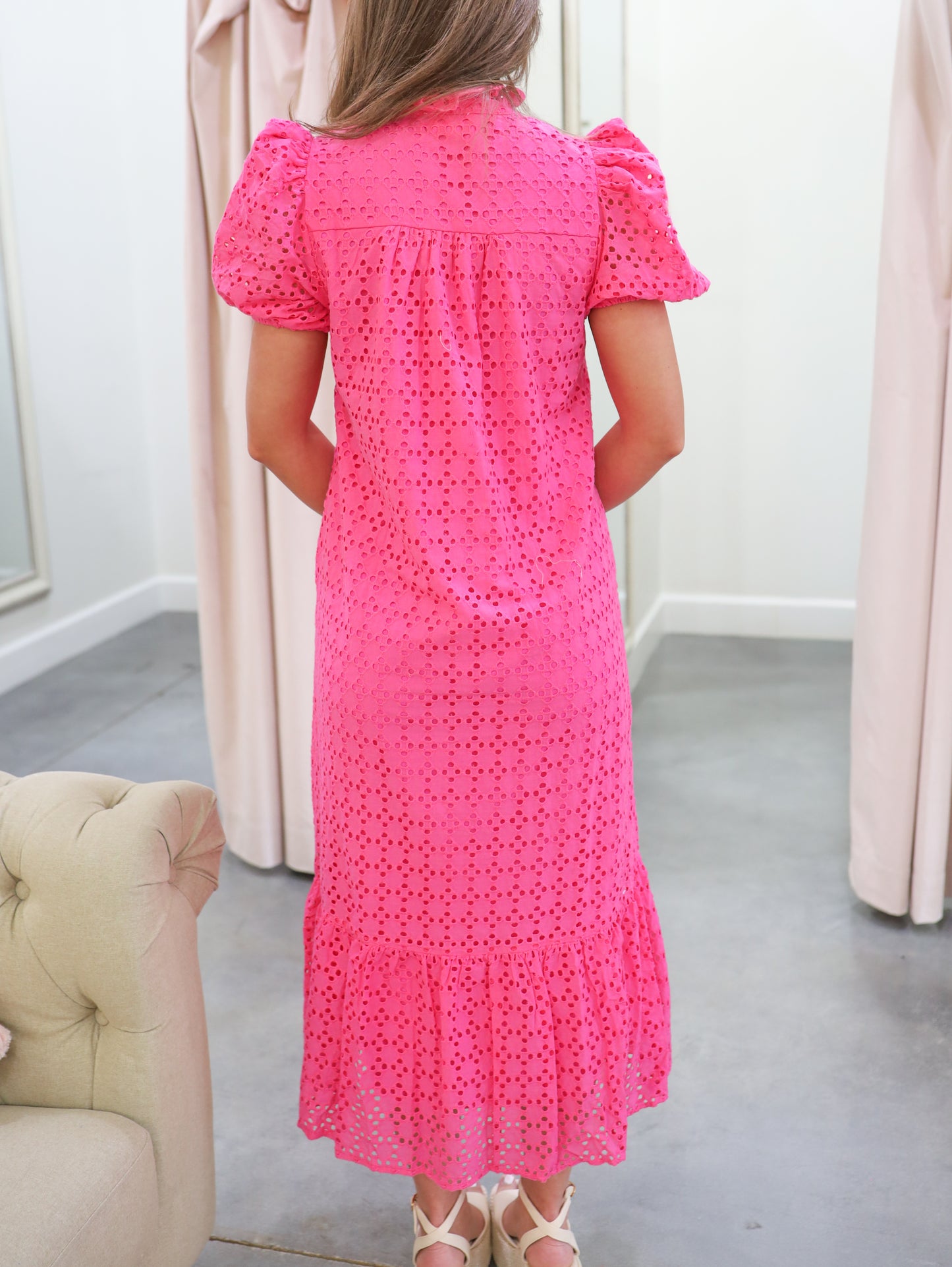 Zoe Eyelet Puff Sleeve Midi Dress