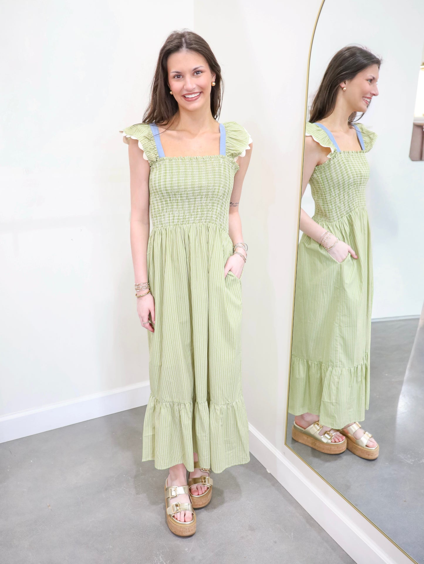 Smocked Tiered Striped Midi Dress