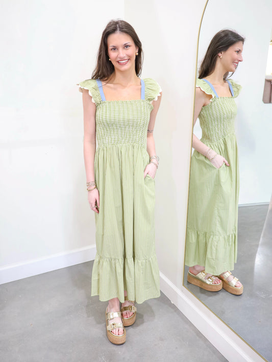 Smocked Tiered Striped Midi Dress