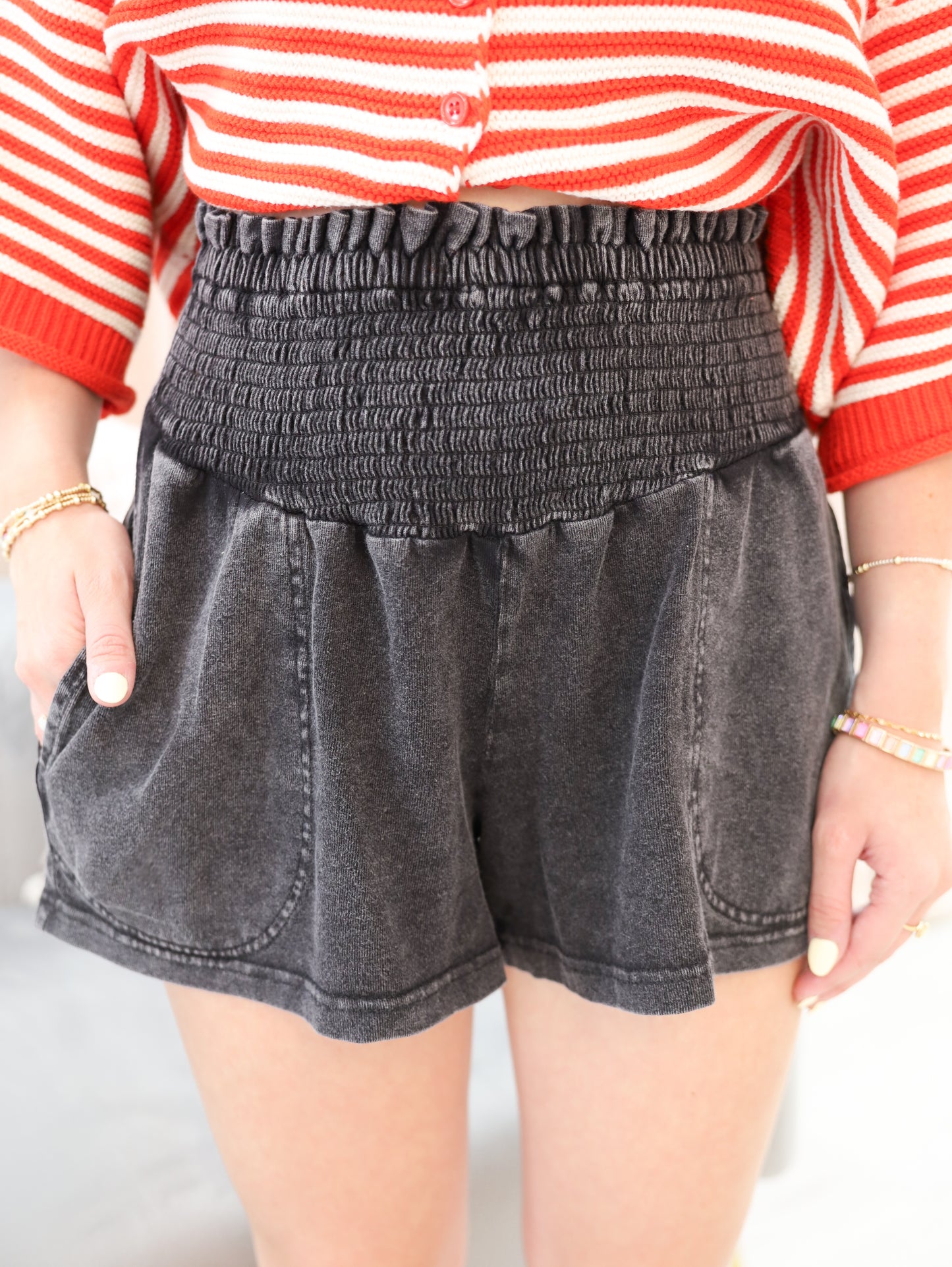 Smocked Waist Mineral Wash Shorts