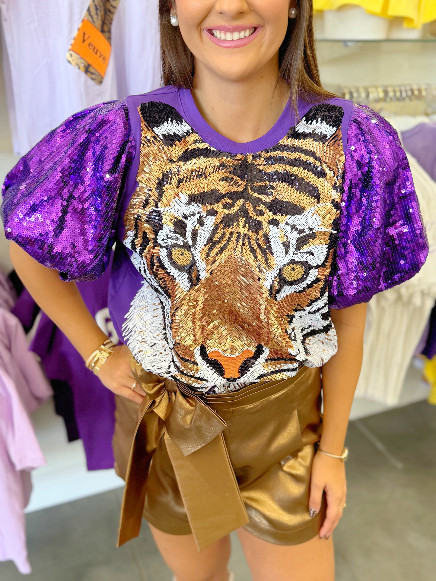 Sequin Puff Sleeve Tiger Top
