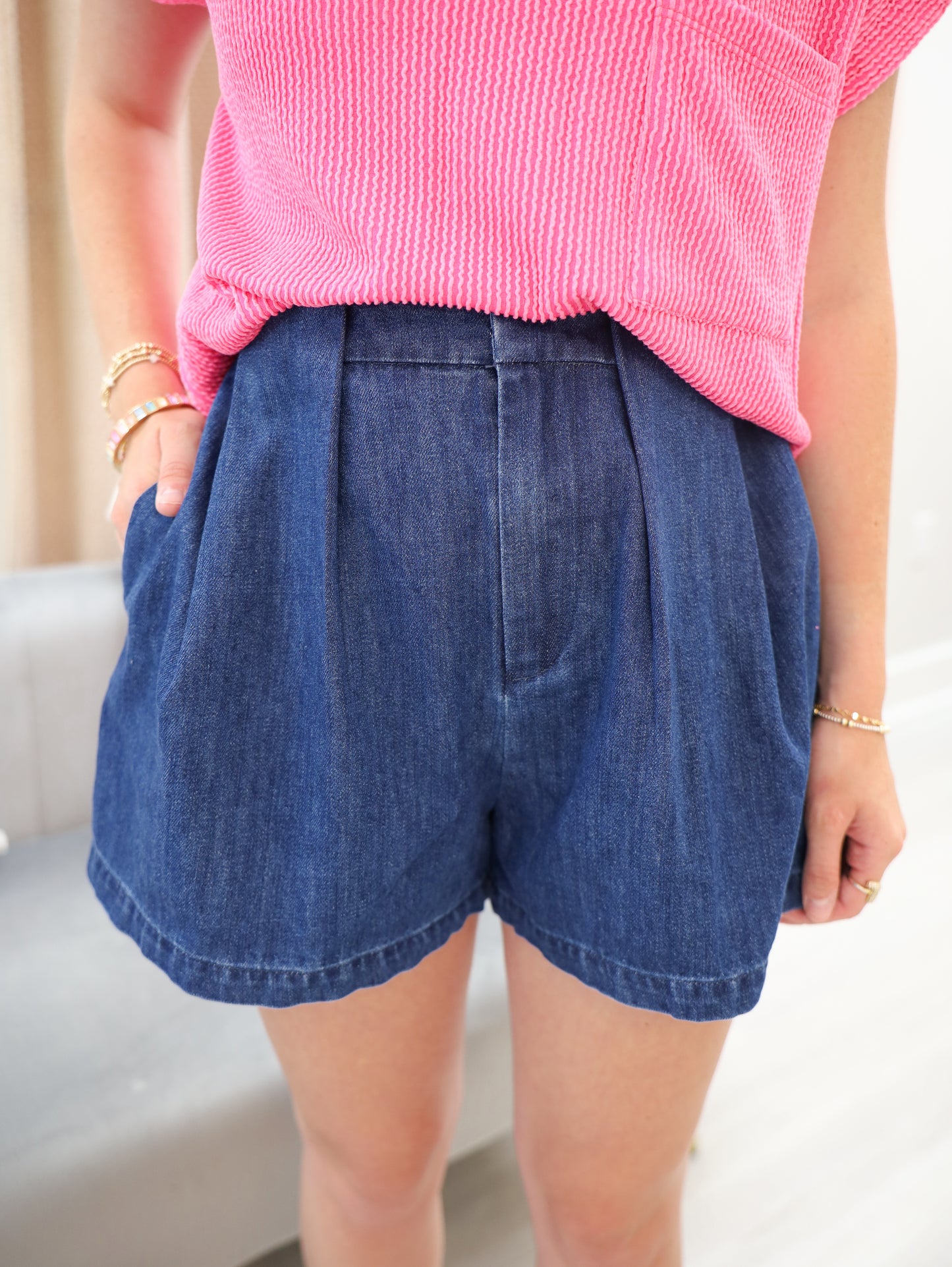 Pleated Denim Shorts