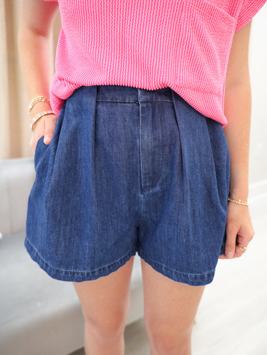 Pleated Denim Shorts